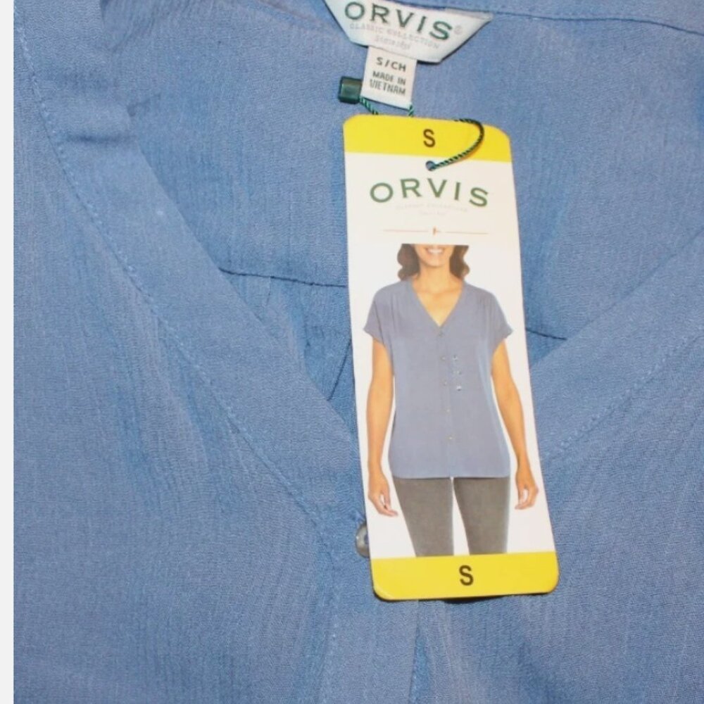 Orvis Blue Blouse Short Sleeve Button Front Shirt Oversize S fits like M/L NWT - Picture 2 of 4